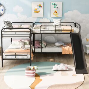 L-Shape Bunk Bed for 4, Quad Bunk Beds with Slide, Corner Bunk Beds Frame, Metal Twin Size Bunk Bed for Kids, Teens, Adults, No Box Spring Needed (4 Beds, Black)