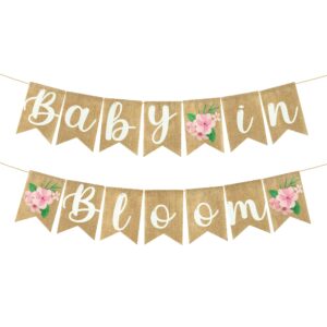 angolio 2pcs floral baby in bloom baby shower burlap banner decoration wall hanging floral banner decor pattern with rope baby shower hanging banner sign decor theme party indoor decorations