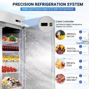 kalifon 54" Commercial Refrigerator with 2 Solid Door, 49 Cu.ft Reach-in Stainless Steel Freezer, Fan Cooling Freezer for Restaurant, Bar, Home, Shop, and Business(Equip 8 Shelves)