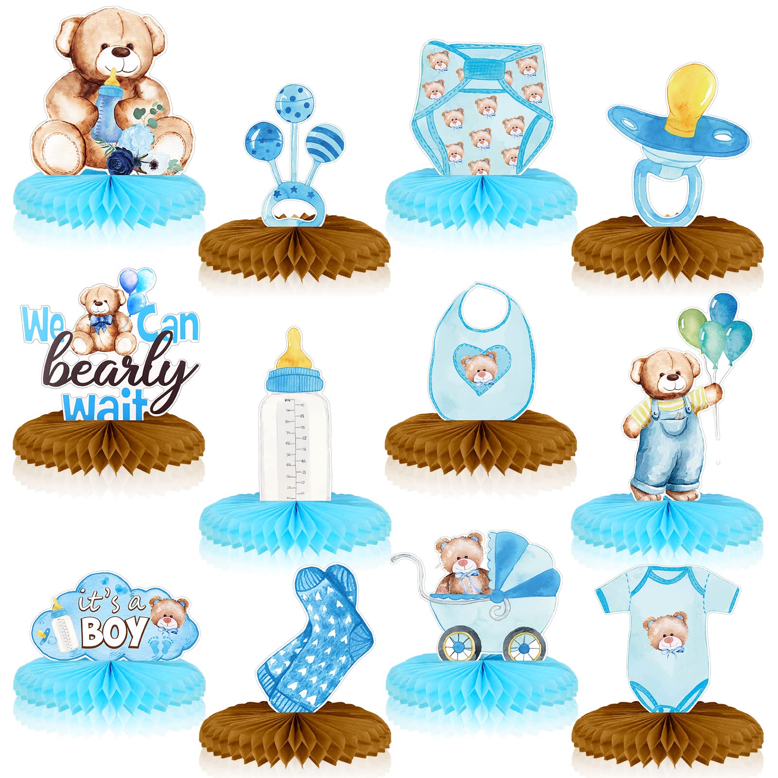 Teling 12 Pcs Bear Baby Shower Decorations Bear Centerpieces for Tables Blue Bear Honeycomb Centerpiece Gender Reveal Boy Baby Shower Table Decorations for Baby Boys Party Birthday