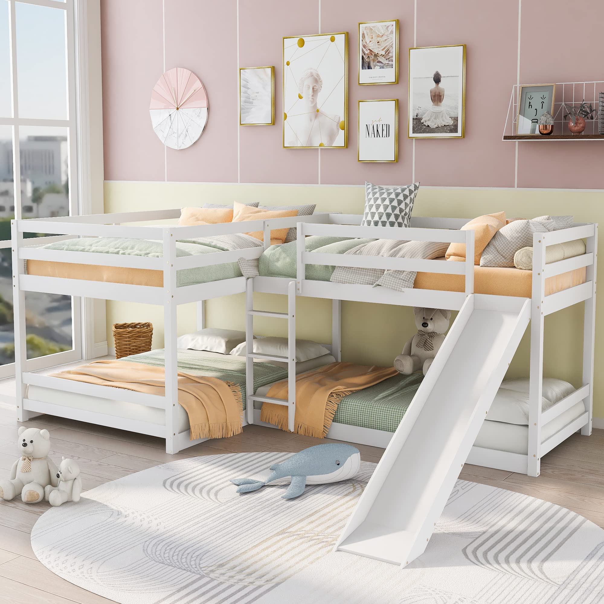 L-Shaped Bunk Beds for 4, Full over Twin Bunk Beds with Slide, Solid Wood Quad Bunk Bed for Kids, Teens, Adults, White