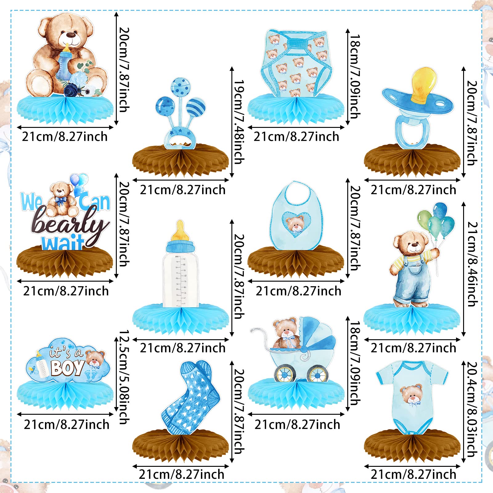 Teling 12 Pcs Bear Baby Shower Decorations Bear Centerpieces for Tables Blue Bear Honeycomb Centerpiece Gender Reveal Boy Baby Shower Table Decorations for Baby Boys Party Birthday