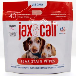 jax & cali tear stain wipes for dogs and cats, all natural, non-toxic, non-irritating ingredients, eliminates most porphyrin stains, for healthy eye function, 40 pre-moistened finger wipes