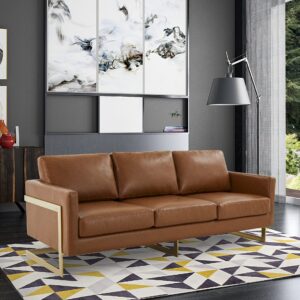 LeisureMod Lincoln Modern Mid-Century Upholstered Leather 83" Sofa with Gold Frame (Cognac Tan)