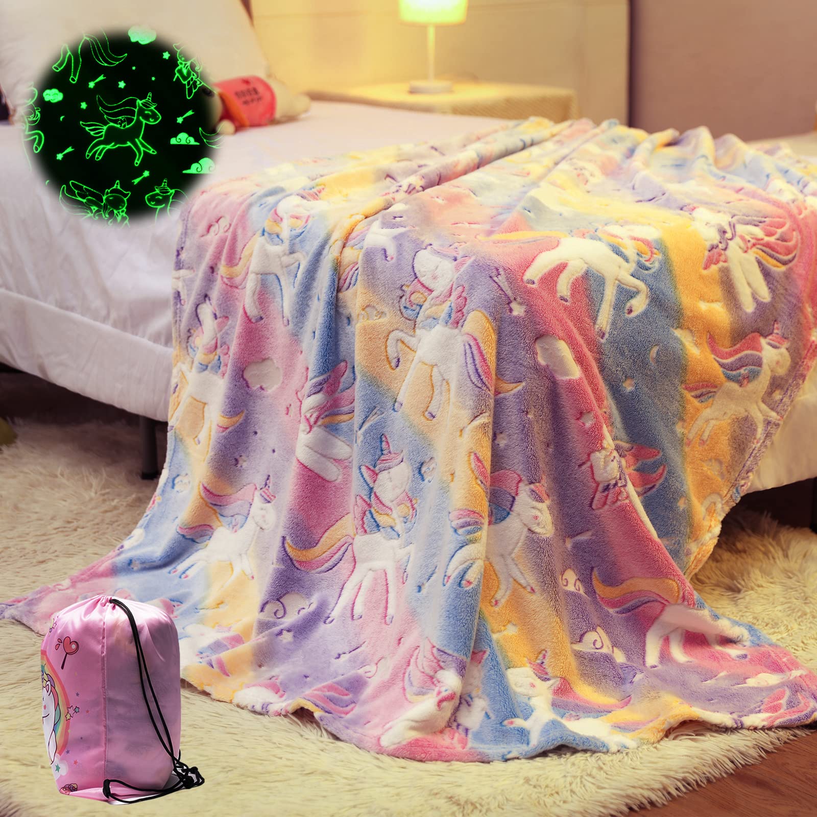 YJLMLY Glow in The Dark Unicorn Blanket, Unicorn Gifts Toys for Girls, Soft Pink Girls Blanket for 2 3 4 5 6 7 8 9 10 Year Old Girl Birthday Christmas Valentine Gifts Ideas, 50''x60''