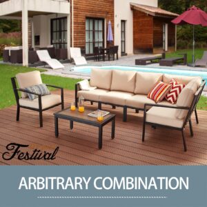 Festival Depot Patio Coffee Table Outdoor Furniture Metal Rectangle with Wooden Finish Table Top and Steel Legs for Deck Poolside Garden Porch (Brown)