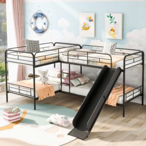 L-Shape Bunk Bed for 4, Quad Bunk Beds with Slide, Corner Bunk Beds Frame, Metal Twin Size Bunk Bed for Kids, Teens, Adults, No Box Spring Needed (4 Beds, Black)