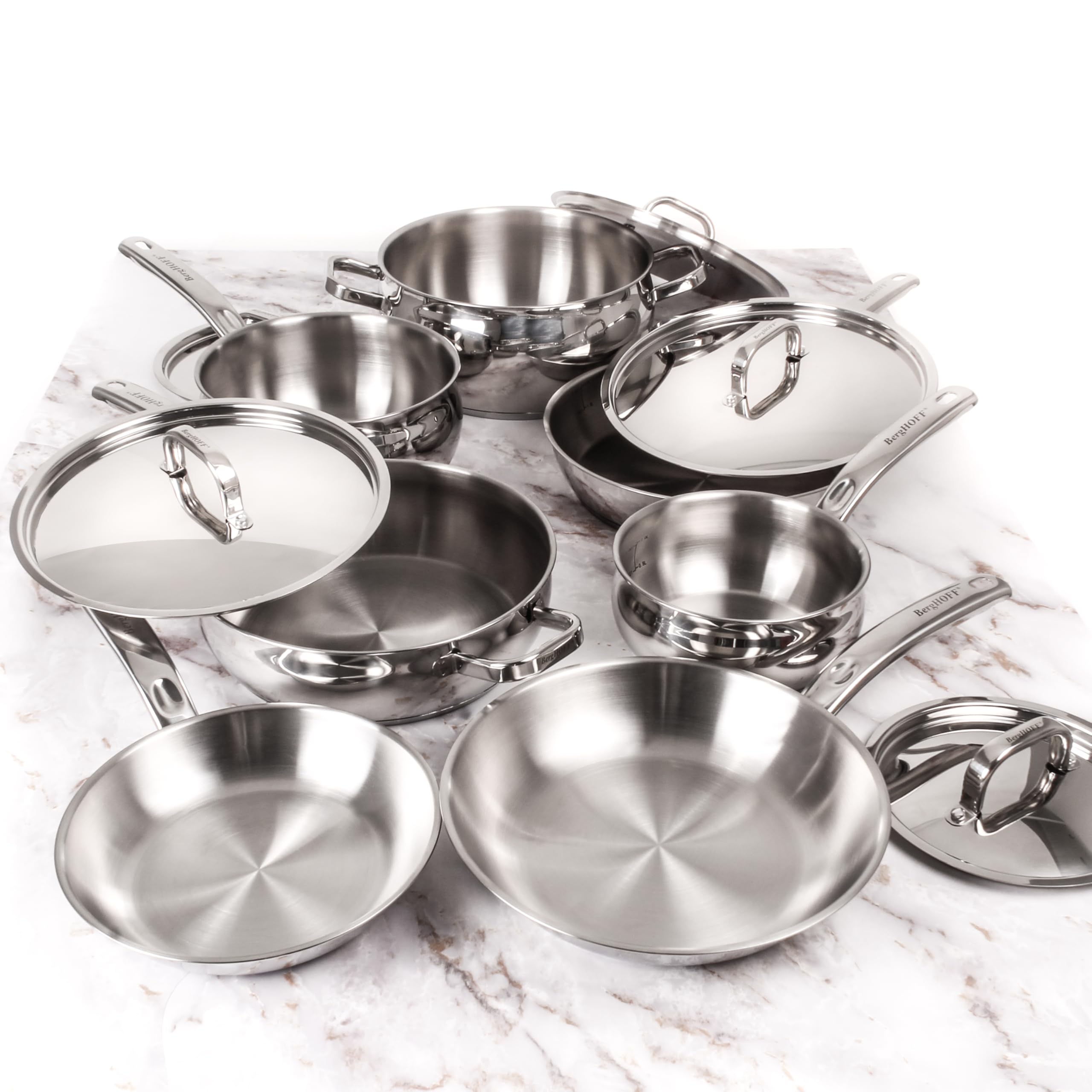 BergHOFF Belly Shape 18/10 Stainless Steel 12Pc Cookware Set, Metal Lids, Fast, Evenly Heat, Induction Cooktop Ready