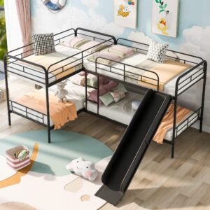 l-shape bunk bed for 4, quad bunk beds with slide, corner bunk beds frame, metal twin size bunk bed for kids, teens, adults, no box spring needed (4 beds, black)