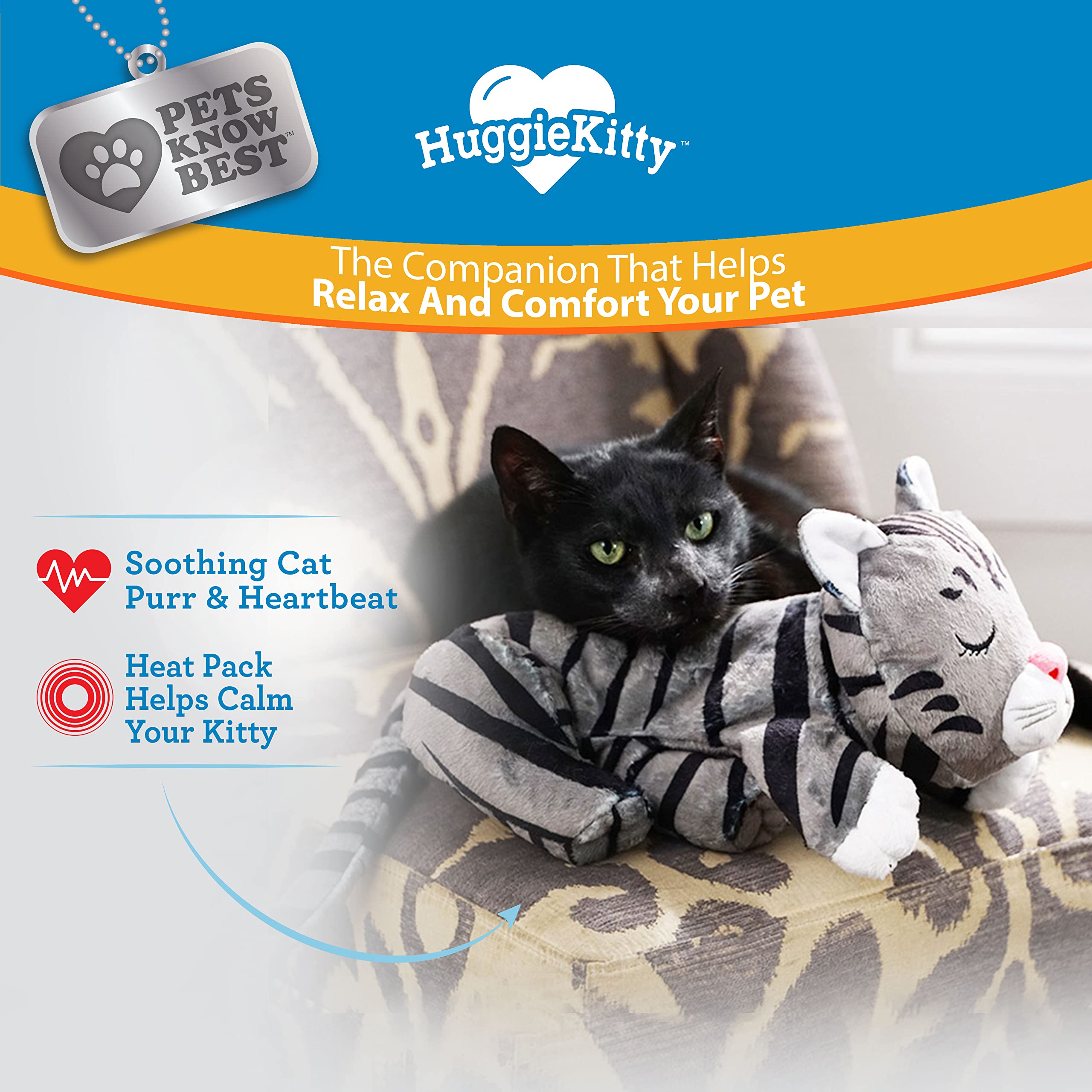 Pets Know Best HuggieKitty Cuddly Cat Toy, Soothing Sound & Warmth Help Relax & Comfort Your Pet- Purr & Heartbeat, Heating Pack- Grey