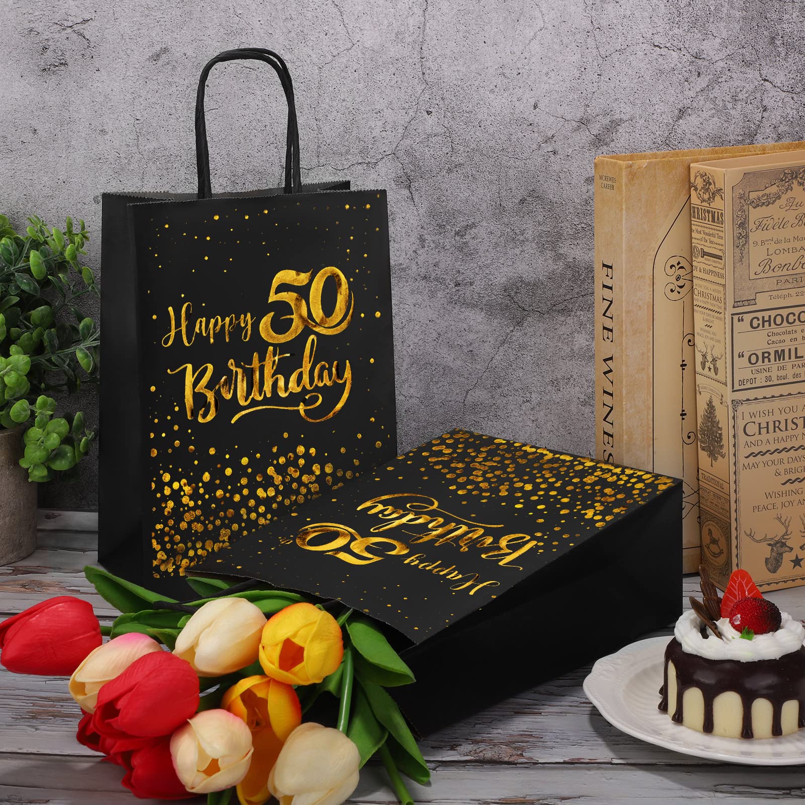 MIMIND 24 Pieces Black Gold 50th Birthday Gift Bags Kraft Paper Bags Party Favor Bags Goodie Candy Bags for Birthday Wedding Party Supplies