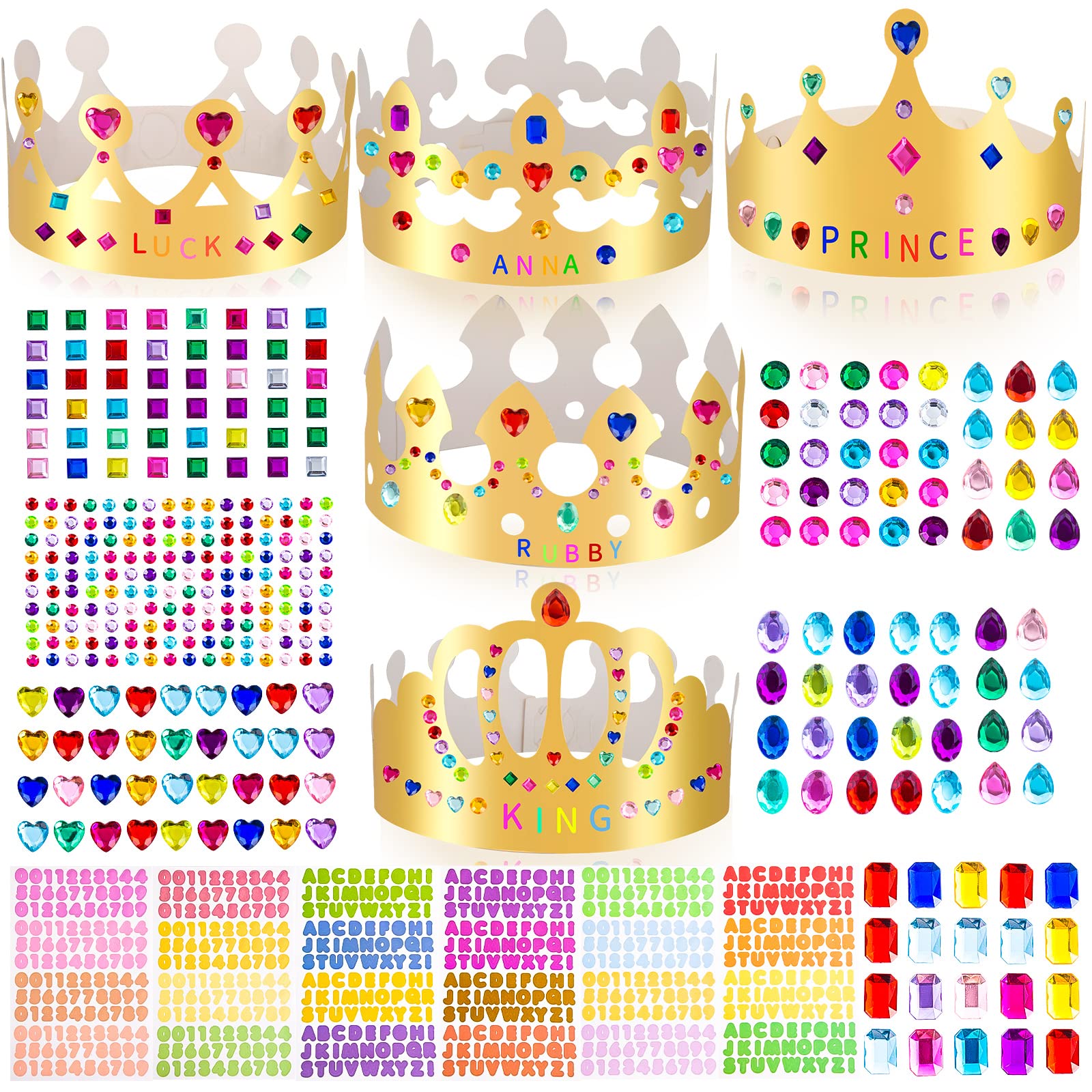 MGZTTHW Gold Paper Crown Set for Kids, DIY Crown Kit with Jewels Gem Number Letter Stickers for Birthday Party Decor and Craft Projects, 15 Pcs Adjustable Crown Hats in 5 Styles