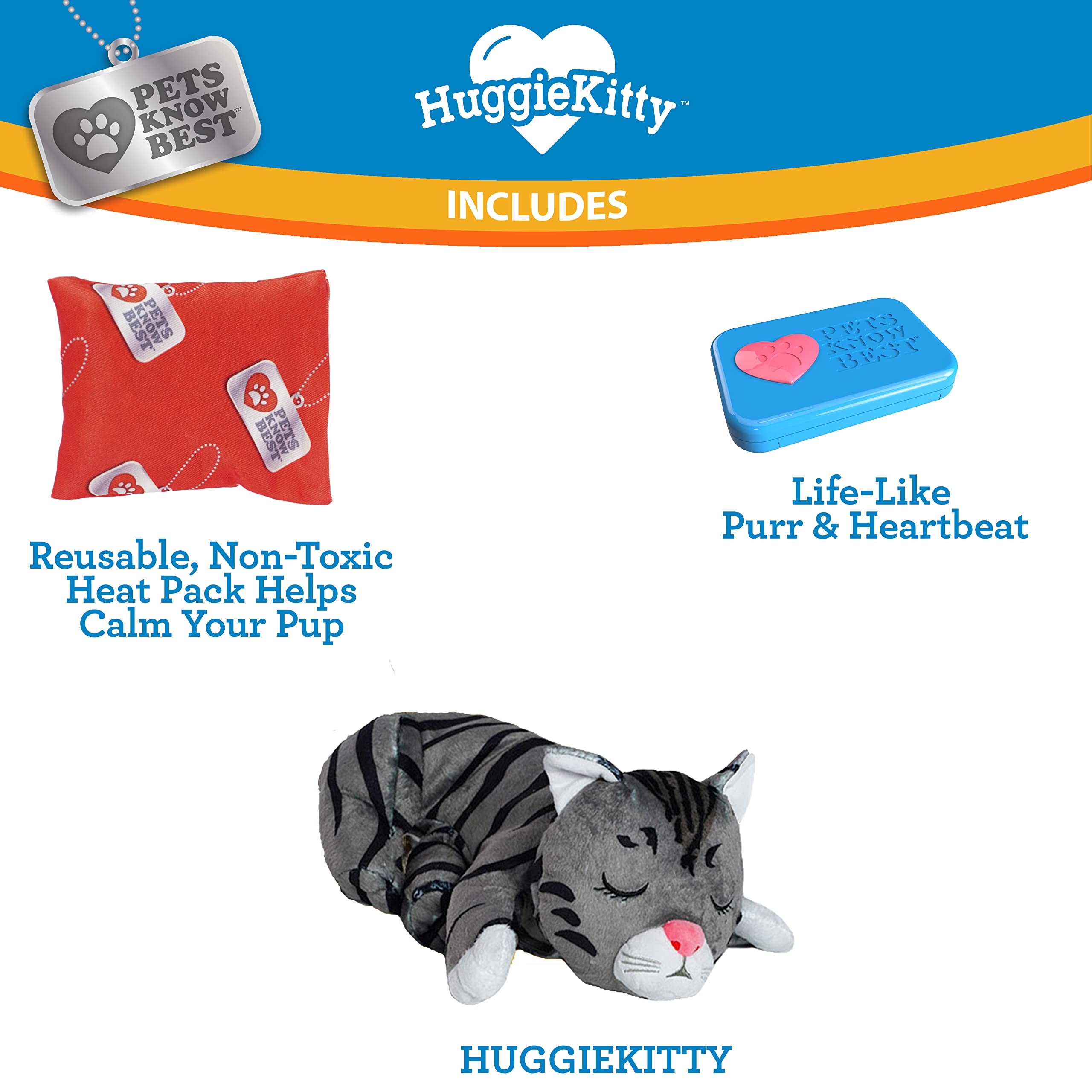 Pets Know Best HuggieKitty Cuddly Cat Toy, Soothing Sound & Warmth Help Relax & Comfort Your Pet- Purr & Heartbeat, Heating Pack- Grey