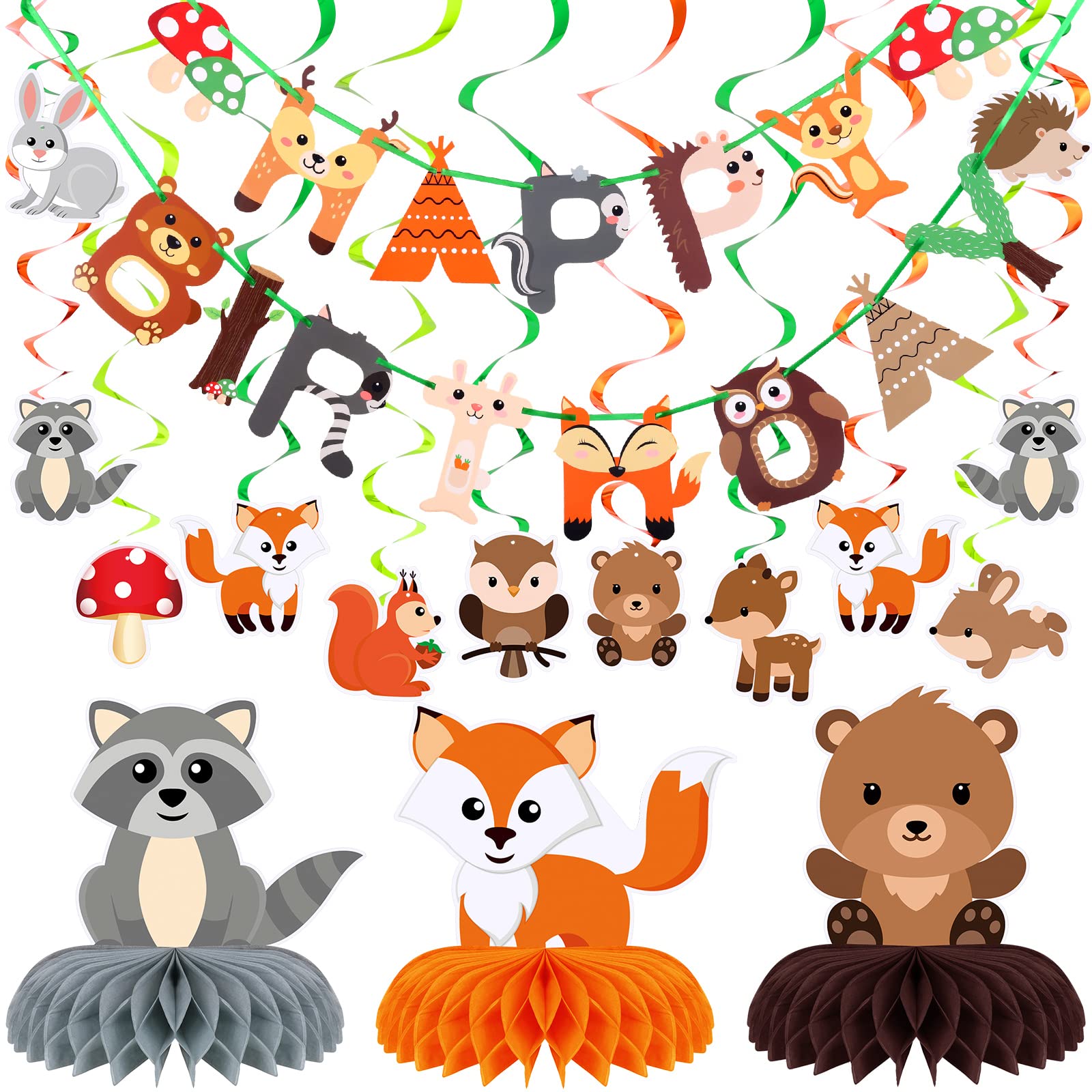 29 Pcs Woodland Party Supplies Animal Honeycomb Centerpieces Baby Shower Birthday Decorations Include Happy Birthday Banners Hanging Cards Swirl Ceiling Streamers for Forest Camping Party Supplies