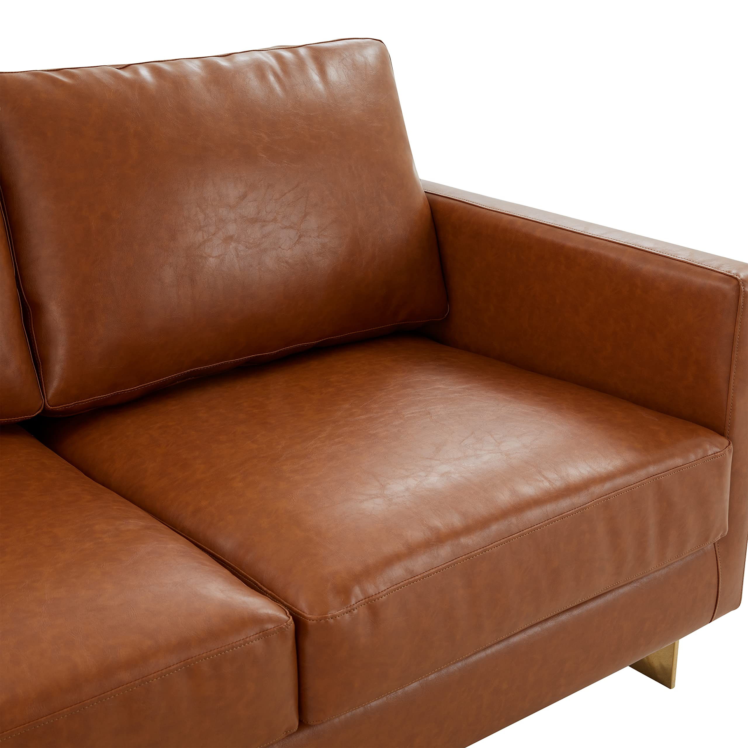 LeisureMod Lincoln Modern Mid-Century Upholstered Leather 83" Sofa with Gold Frame (Cognac Tan)