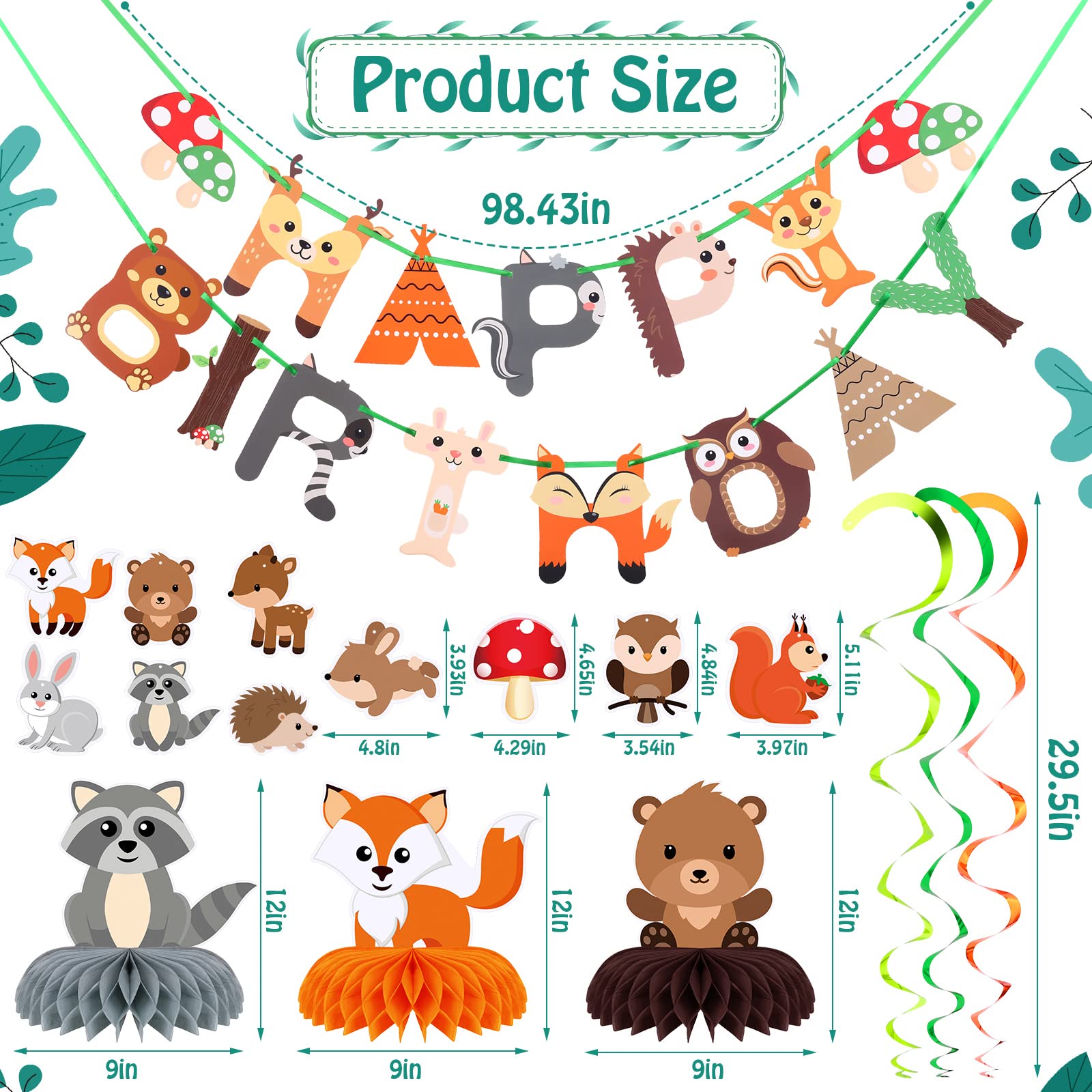 29 Pcs Woodland Party Supplies Animal Honeycomb Centerpieces Baby Shower Birthday Decorations Include Happy Birthday Banners Hanging Cards Swirl Ceiling Streamers for Forest Camping Party Supplies