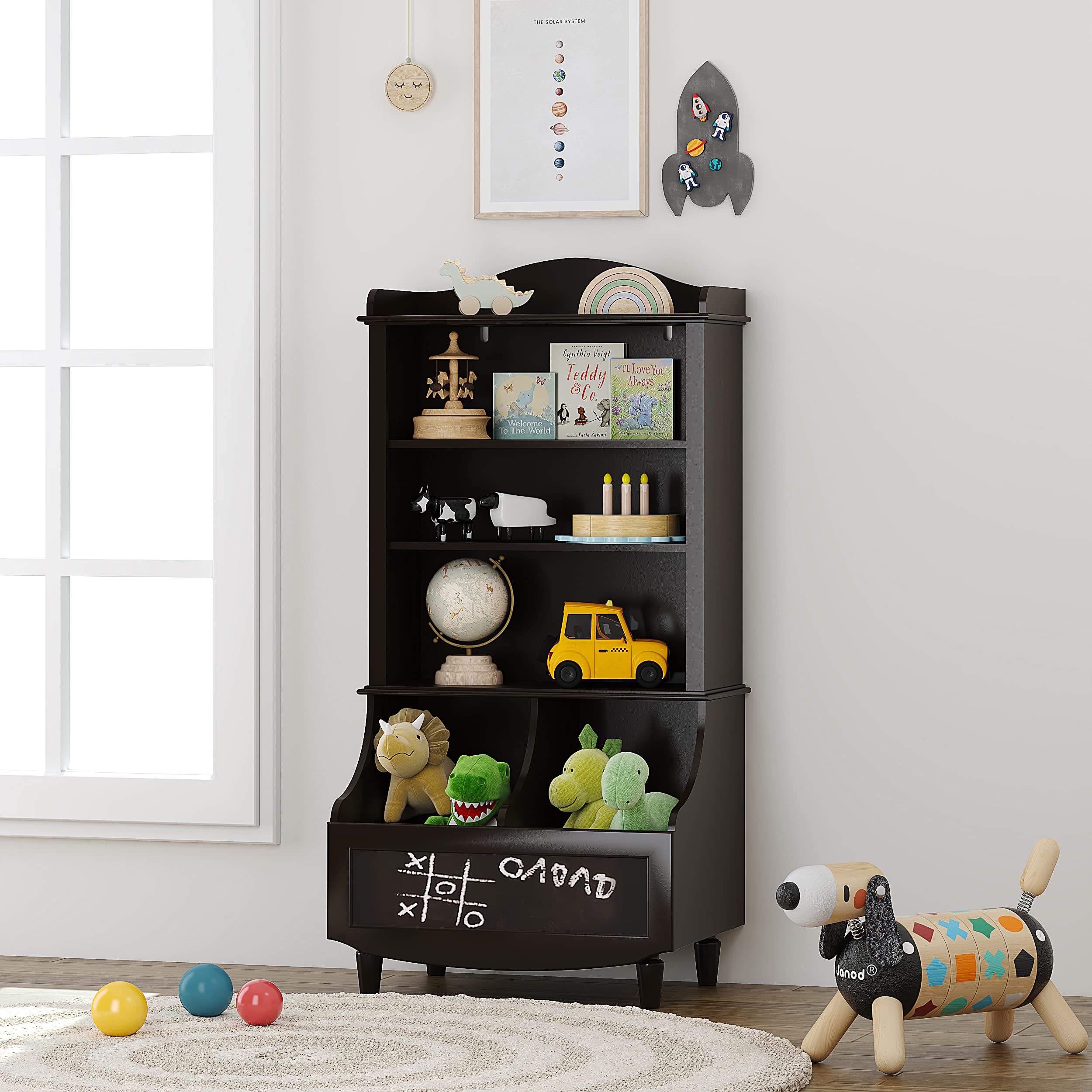 UTEX Kids Toy Storage, Kids Bookshelf and Toy Organizer Cabinet, Kids Bookcase with Blackboard and Cubbies, Open Kids Bookshelves Display Stand for Toddlers, Espresso