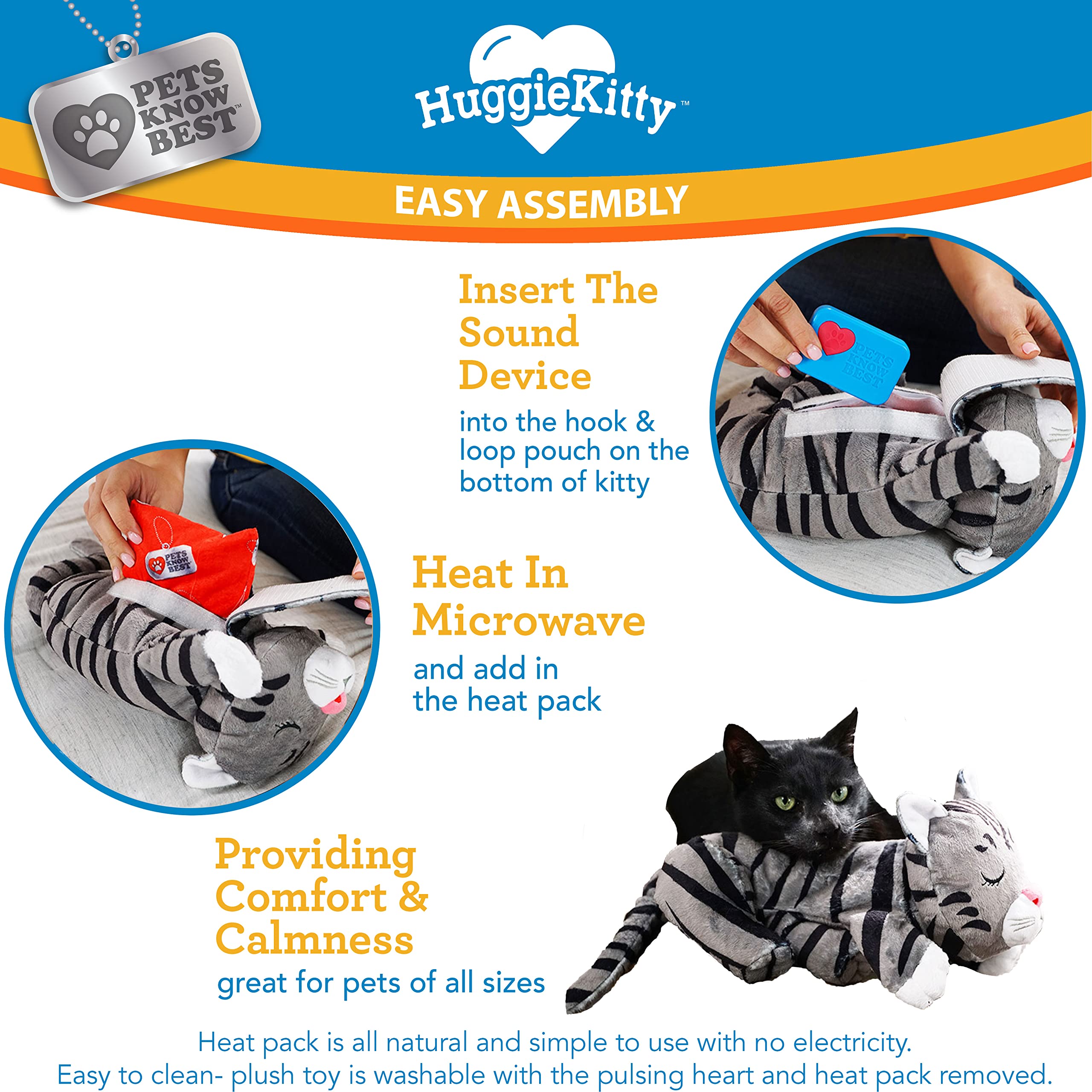 Pets Know Best HuggieKitty Cuddly Cat Toy, Soothing Sound & Warmth Help Relax & Comfort Your Pet- Purr & Heartbeat, Heating Pack- Grey