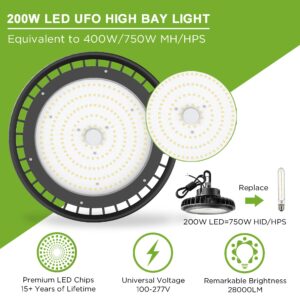 UFO LED High Bay Light 200W LED Warehouse Lights IP65 for Wet Location LED Commercial Area Lighting Fixture for Gym Factory Warehouse ETL Certified 5' Cable 5000K 1-10V Dimmable 28000LM Black 2Pack