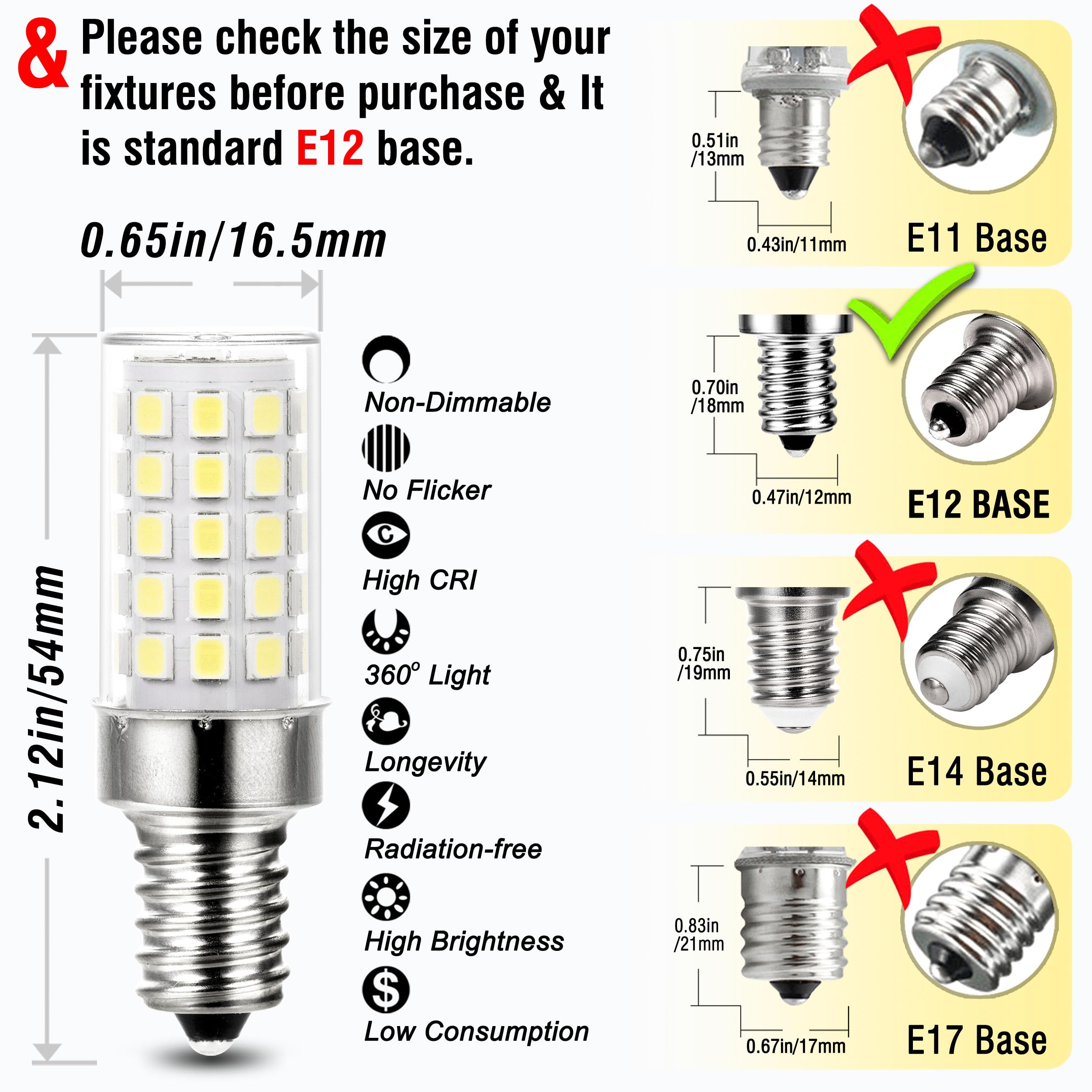 ALIDE E12 C7 Led Candelabra Bulbs 6000k Daylight White, 60 Watt E12 Halogen Equivalent,T6 Small Base 120V E12 C7 LED Light Bulbs 6W Bright Cool White for Ceiling Fan Chandelier Light,550lm 10Pack