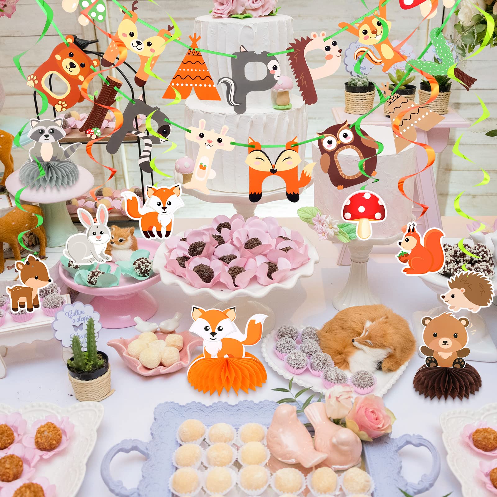 29 Pcs Woodland Party Supplies Animal Honeycomb Centerpieces Baby Shower Birthday Decorations Include Happy Birthday Banners Hanging Cards Swirl Ceiling Streamers for Forest Camping Party Supplies