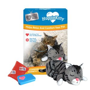 pets know best huggiekitty cuddly cat toy, soothing sound & warmth help relax & comfort your pet- purr & heartbeat, heating pack- grey