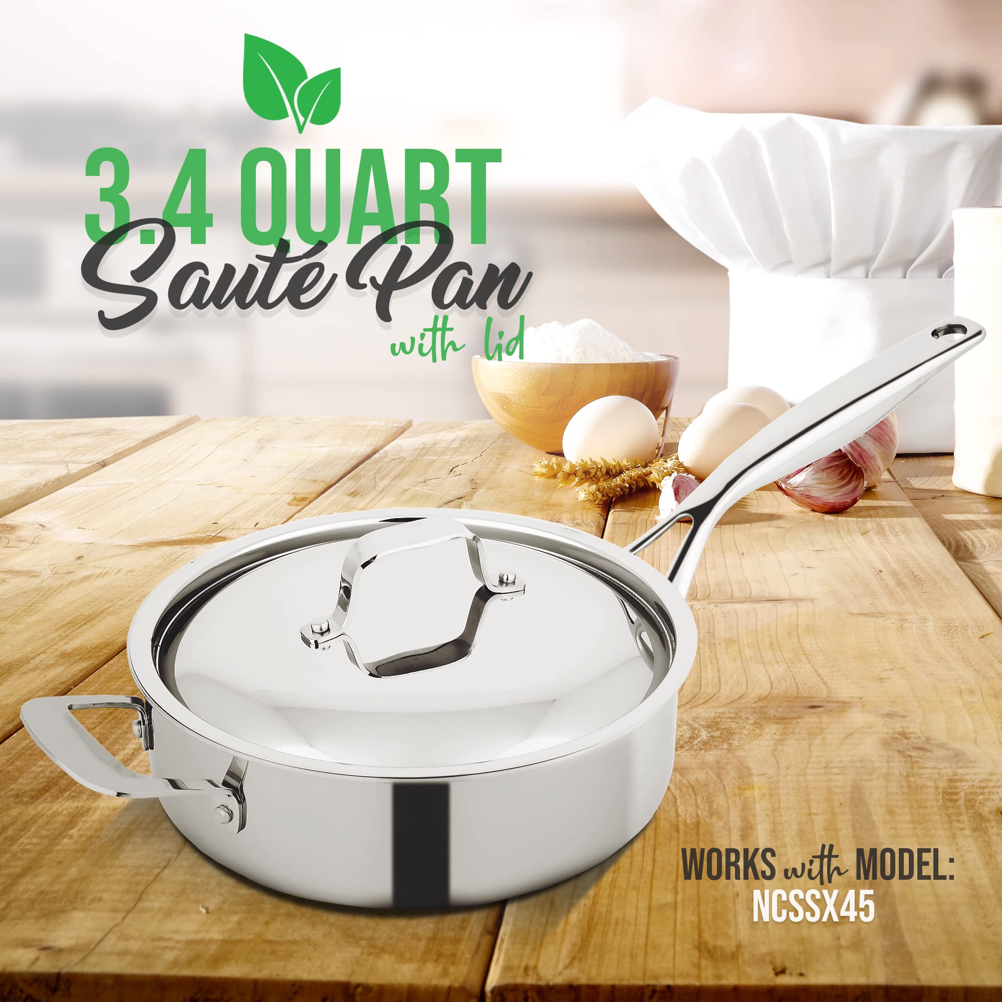 NutriChef 3.4-quart Saute Pan with Lid - PFOA/PFOS Free Stainless Steel Stain-Resistant Pan Kitchen Cookware w/Satin Interior, Polished Exterior, Hollowed Cast Handles - Works w/Model NCSSX45