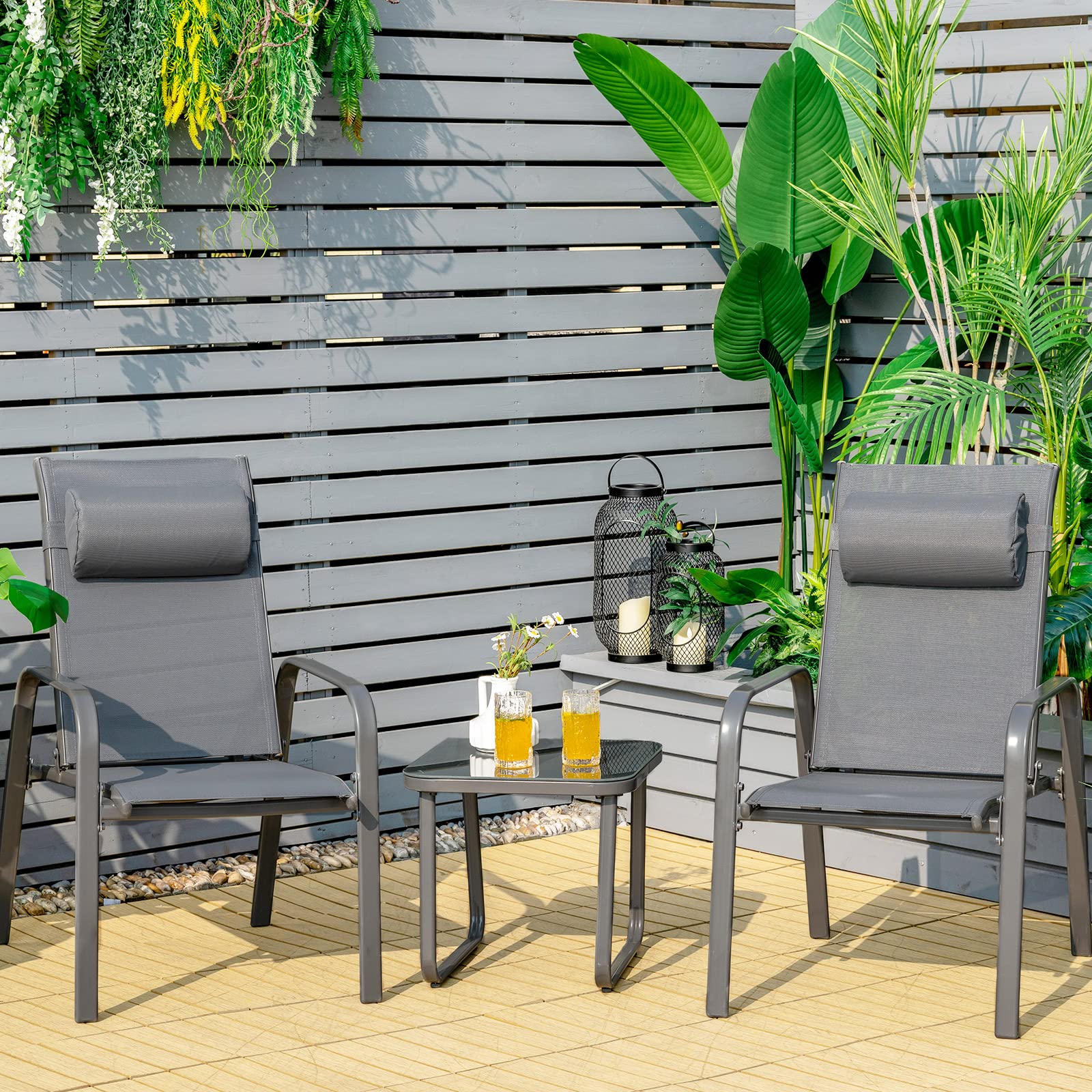 Tangkula 3 Piece Outdoor Bistro Set, Patio Stackable Chairs with Adjustable & Folding Backrest, Removable Headrest and Tempered Glass Coffee Table Set, Patio Conversation Set with Steel Frame (Grey)