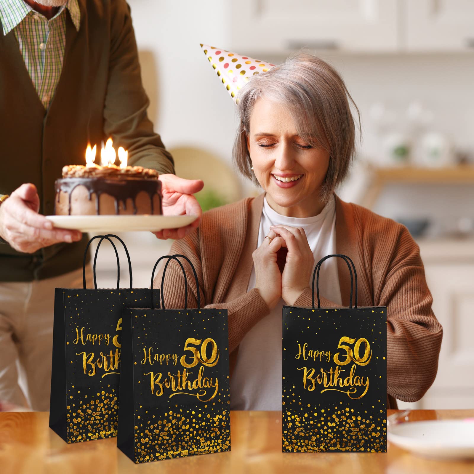 MIMIND 24 Pieces Black Gold 50th Birthday Gift Bags Kraft Paper Bags Party Favor Bags Goodie Candy Bags for Birthday Wedding Party Supplies