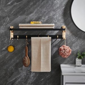 Bathroom Towel Rack Lavatory Hotel 24 Inch Foldable Towel Shelf with Towel Bar and Movable Hooks, Black and Matte Gold Polished Aluminum Modern Wall Mount Holder