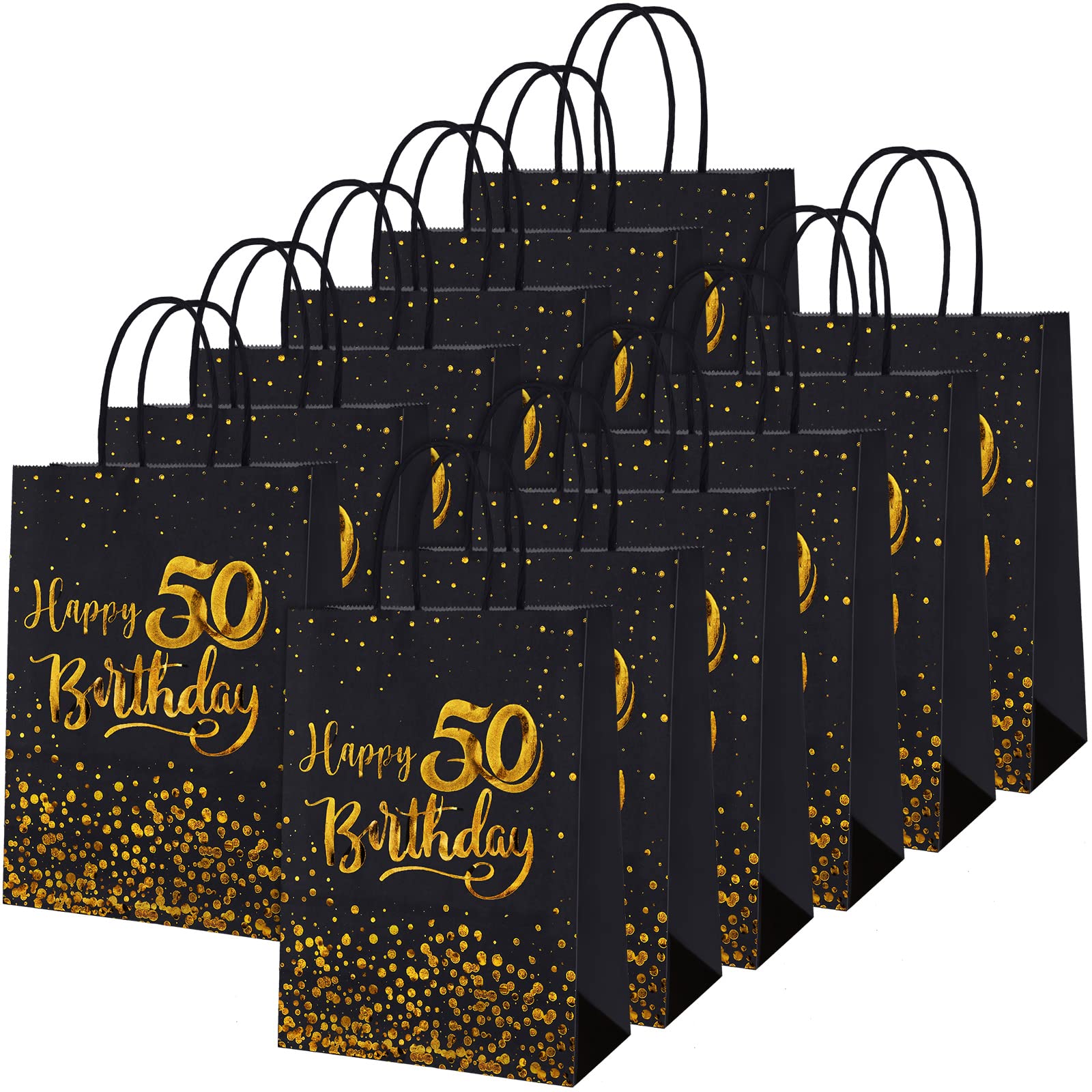 MIMIND 24 Pieces Black Gold 50th Birthday Gift Bags Kraft Paper Bags Party Favor Bags Goodie Candy Bags for Birthday Wedding Party Supplies