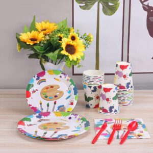 Atonofun Art Birthday Party Supplies, Art Plates and Napkins, Art Paper Plates, Cups, Napkins and Cutlery for Paint Birthday, Baby Shower Art Themed Parties Serves 24