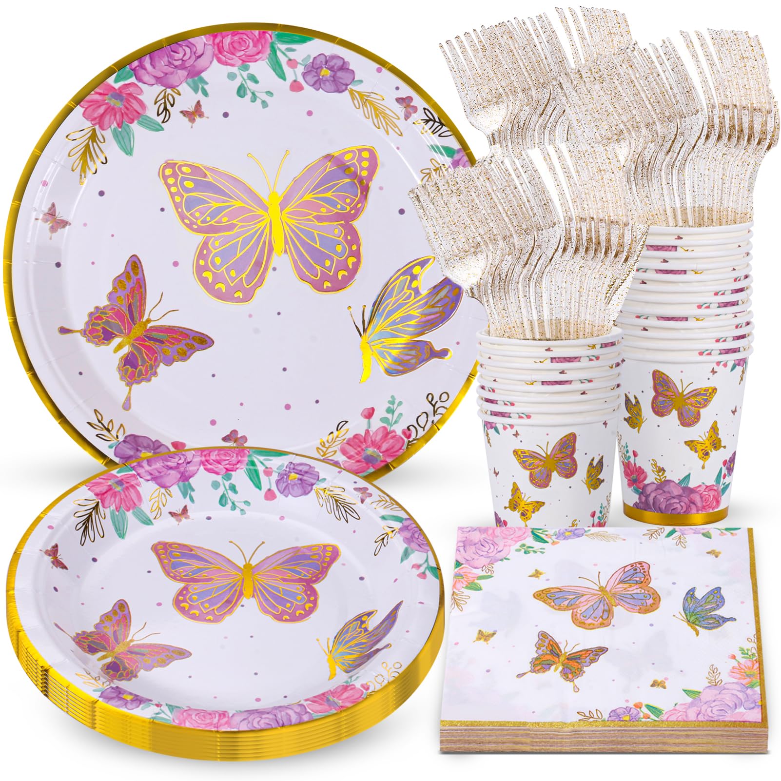 Atonofun Butterfly Birthday Party Supplies, Butterfly Party Plates, Cups, Napkins and Cutlery, Butterfly Party Decorations for Baby Shower, Birthday, Butterfly Fairy Themed Parties Serves 24