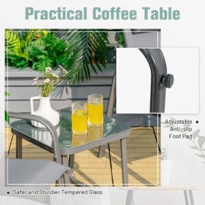 Tangkula 3 Piece Outdoor Bistro Set, Patio Stackable Chairs with Adjustable & Folding Backrest, Removable Headrest and Tempered Glass Coffee Table Set, Patio Conversation Set with Steel Frame (Grey)