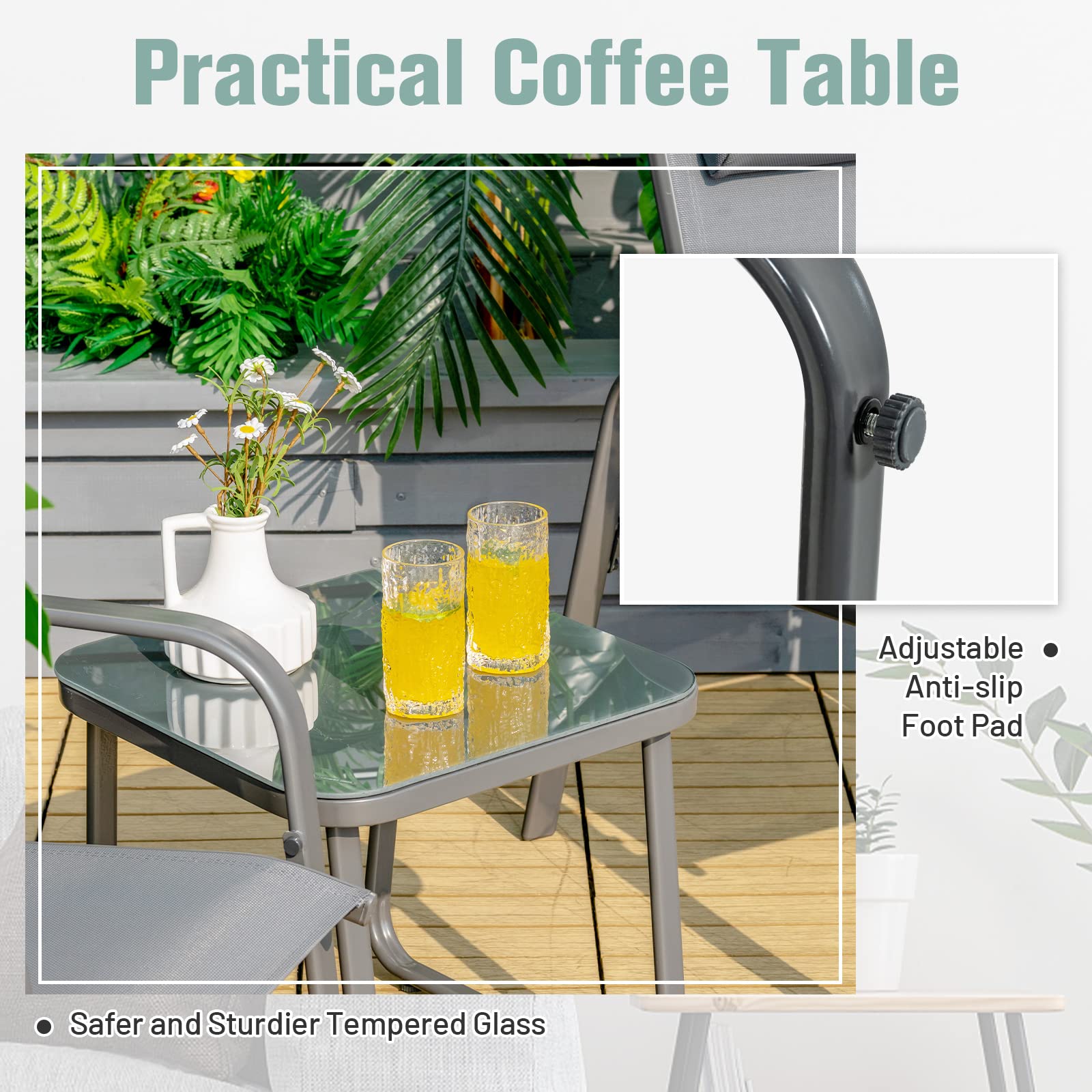 Tangkula 3 Piece Outdoor Bistro Set, Patio Stackable Chairs with Adjustable & Folding Backrest, Removable Headrest and Tempered Glass Coffee Table Set, Patio Conversation Set with Steel Frame (Grey)