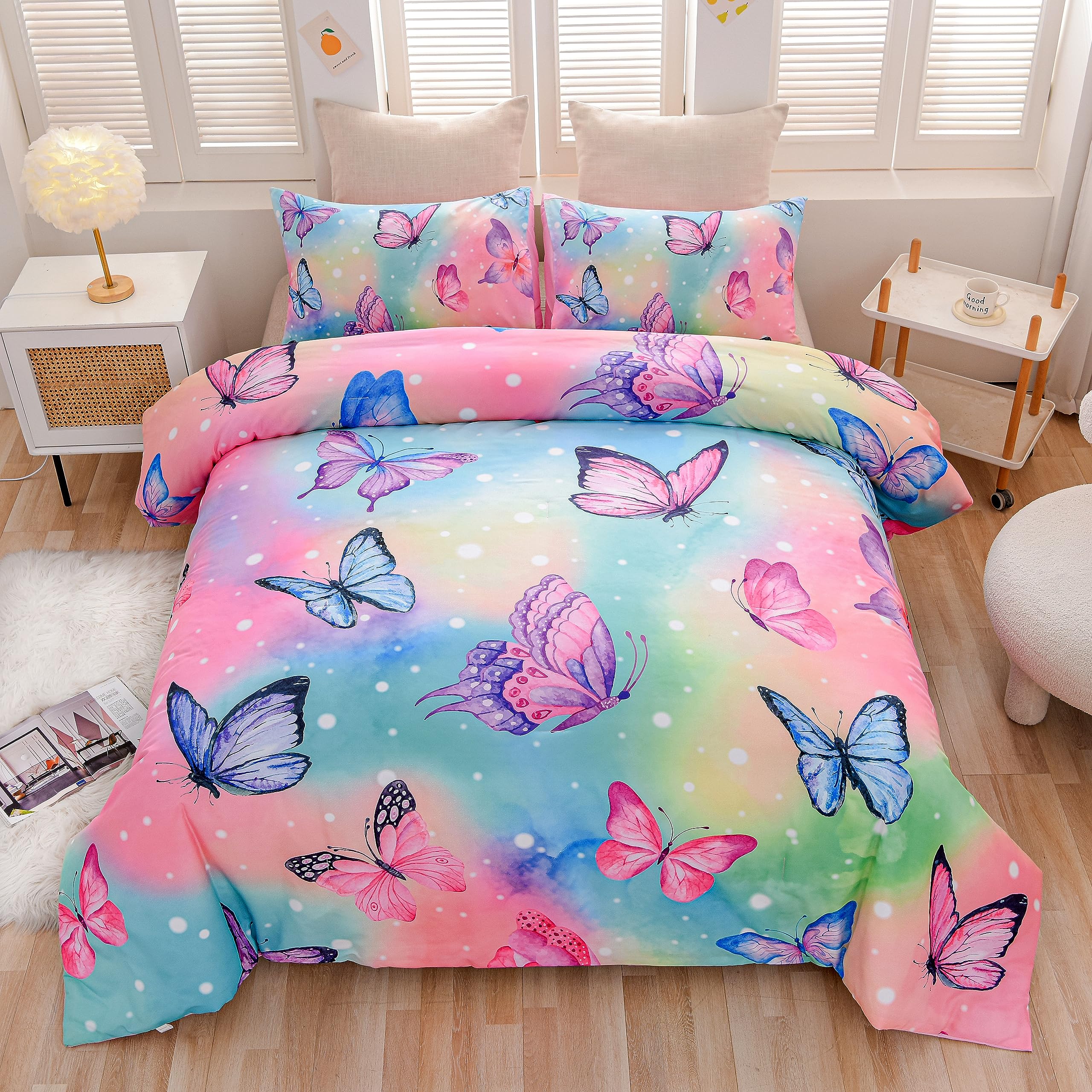 Btargot 3 Piece Purple Butterfly Girls Kids Adults Queen Size Comforter Set, Lightweight Soft All Season Bedding Set with 2 Pillowcases