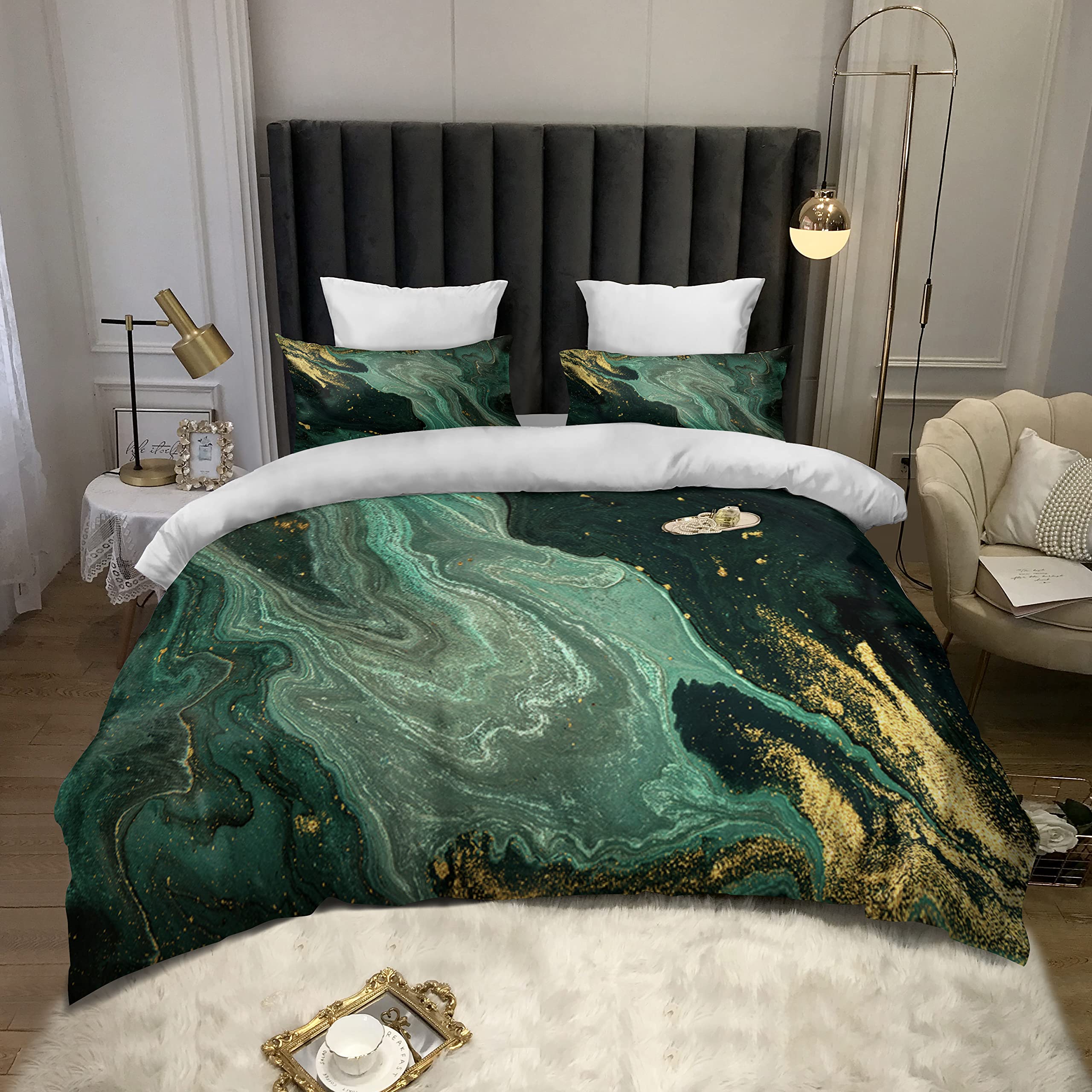 TOPTREE Green Marble Duvet Cover King - Soft Emerald Green Bedding Set with Gold Powder Print Pattern 3piece Forest Green Marble Bed Set for Women Adults (King, Agate Ripple)