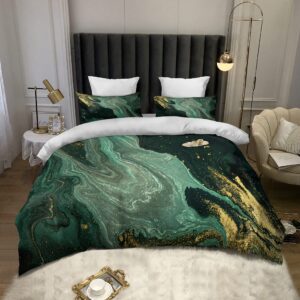 toptree green marble duvet cover queen - soft emerald green bedding set with gold powder print pattern 3piece forest green marble bed set for women adults (queen, agate ripple)