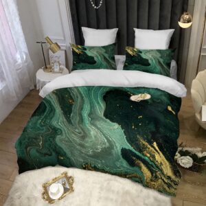 TOPTREE Green Marble Duvet Cover King - Soft Emerald Green Bedding Set with Gold Powder Print Pattern 3piece Forest Green Marble Bed Set for Women Adults (King, Agate Ripple)