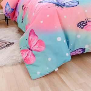 Btargot 3 Piece Purple Butterfly Girls Kids Adults Queen Size Comforter Set, Lightweight Soft All Season Bedding Set with 2 Pillowcases