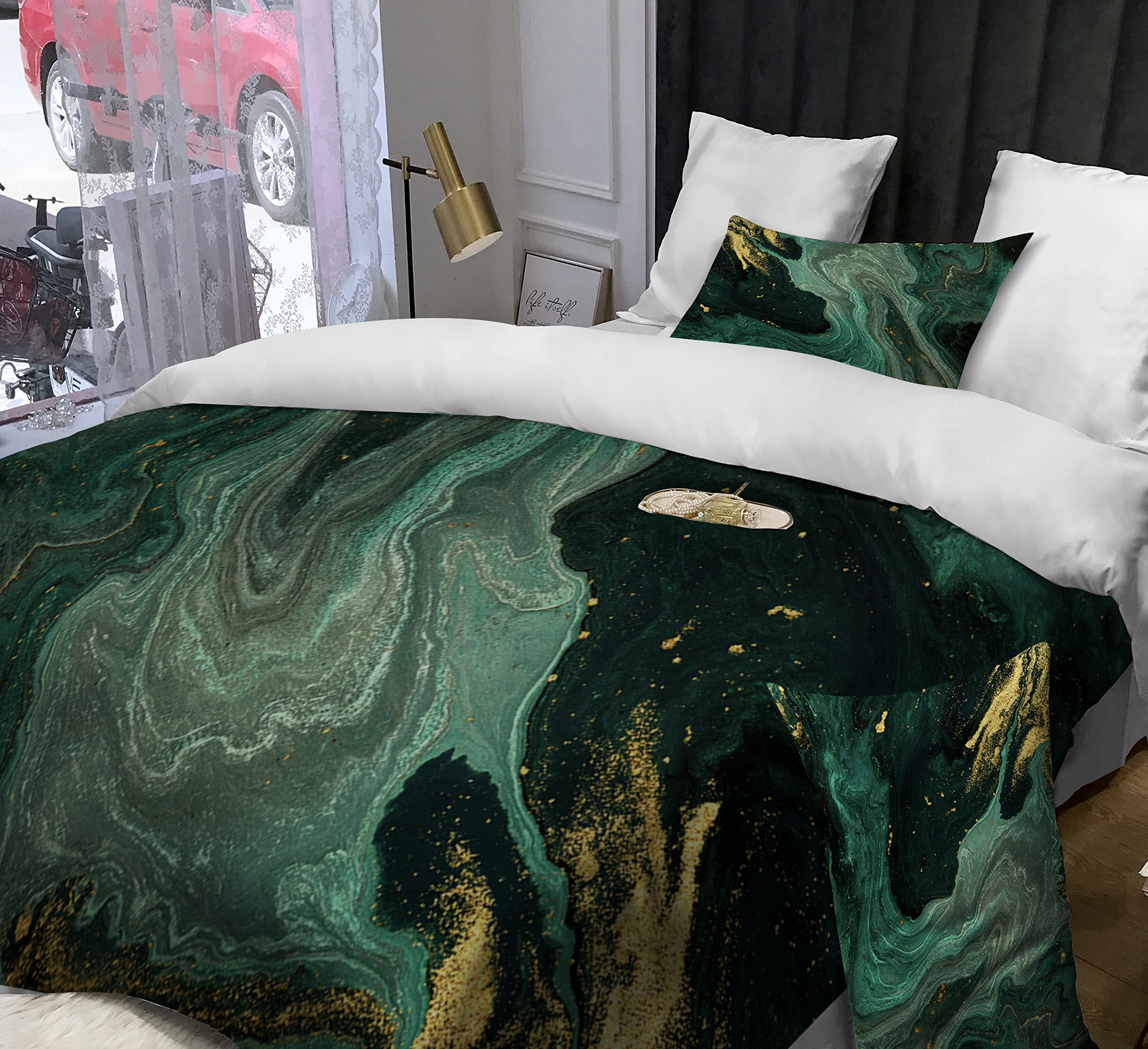 TOPTREE Green Marble Duvet Cover King - Soft Emerald Green Bedding Set with Gold Powder Print Pattern 3piece Forest Green Marble Bed Set for Women Adults (King, Agate Ripple)