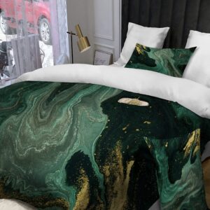 TOPTREE Green Marble Duvet Cover Queen - Soft Emerald Green Bedding Set with Gold Powder Print Pattern 3piece Forest Green Marble Bed Set for Women Adults (Queen, Agate Ripple)