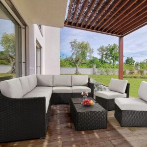 HAPPATIO 10 Piece Patio Conversation Set,All-Weather Patio Furniture Set with Multiple Configuration Options,Rattan Wicker Outdoor Sectional Sofa with Thick Cushions. Easy Setup. (Brown/Gray)