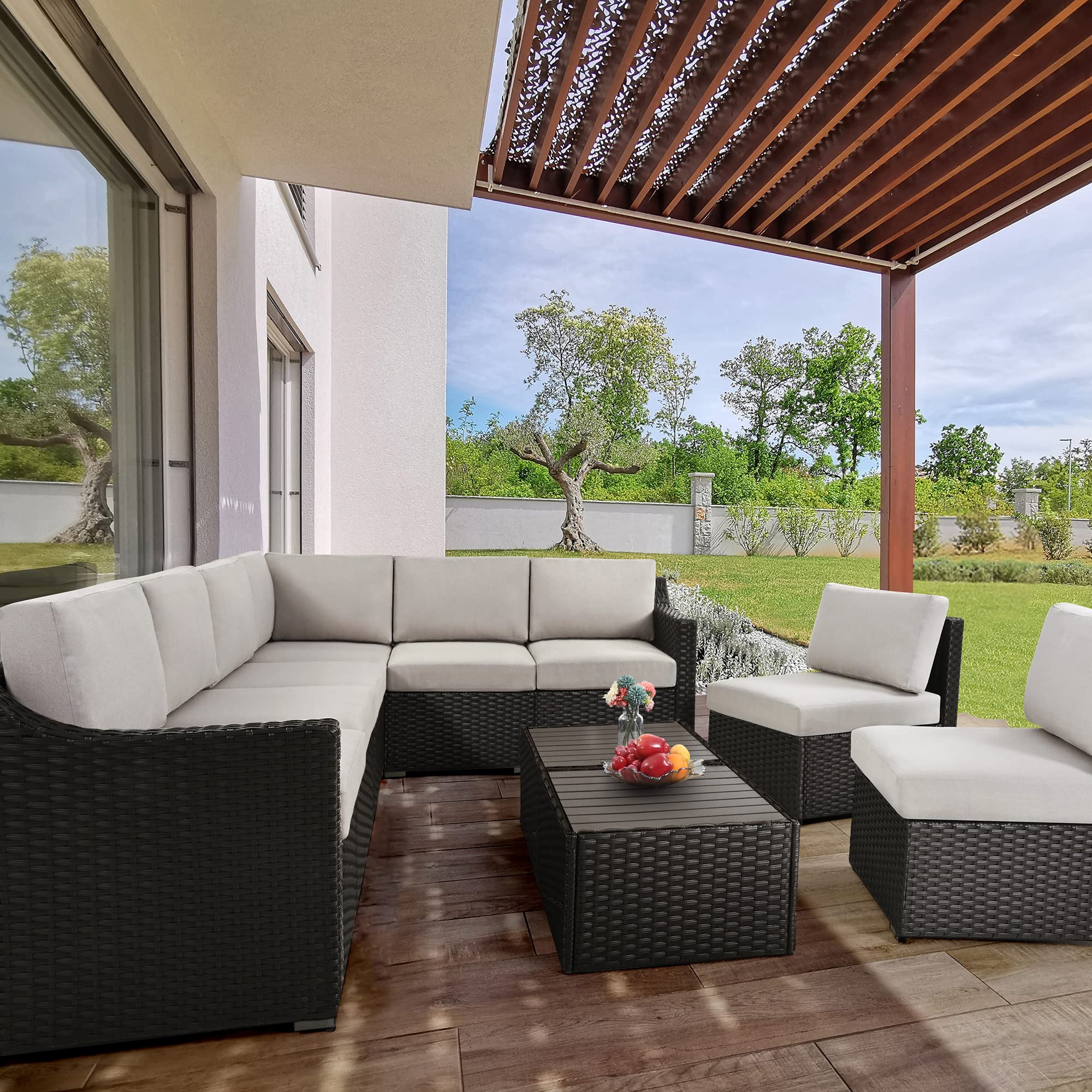 HAPPATIO 10 Piece Patio Conversation Set,All-Weather Patio Furniture Set with Multiple Configuration Options,Rattan Wicker Outdoor Sectional Sofa with Thick Cushions. Easy Setup. (Brown/Gray)