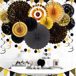 Moon Boat 35PCS Party Decorations Paper Fan Hanging Set - Birthday,Graduation,Baby Shower,Wedding,Retirement,Black and Gold Decor（Black）