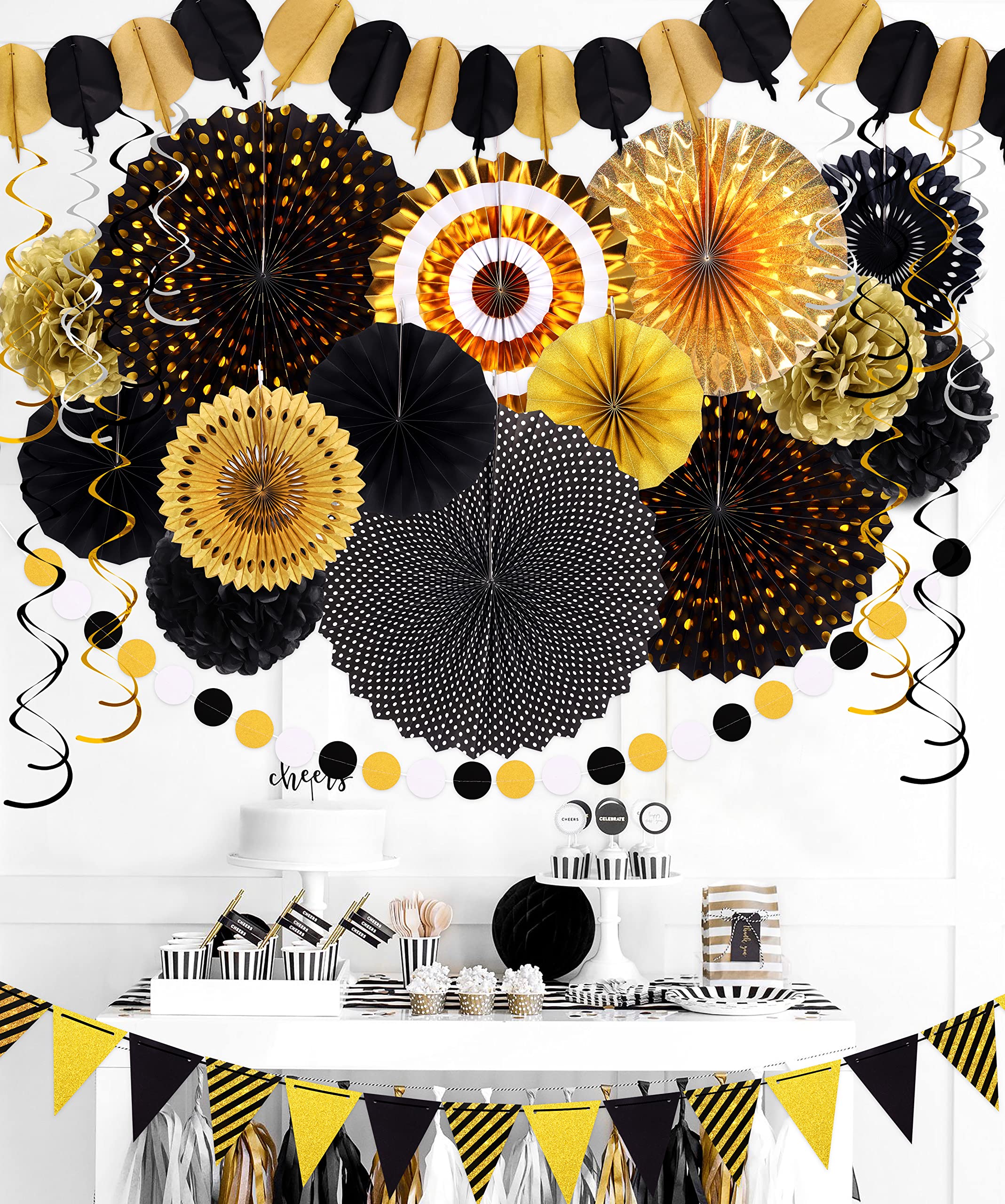 Moon Boat 35PCS Party Decorations Paper Fan Hanging Set - Birthday,Graduation,Baby Shower,Wedding,Retirement,Black and Gold Decor（Black）