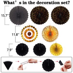 Moon Boat 35PCS Party Decorations Paper Fan Hanging Set - Birthday,Graduation,Baby Shower,Wedding,Retirement,Black and Gold Decor（Black）