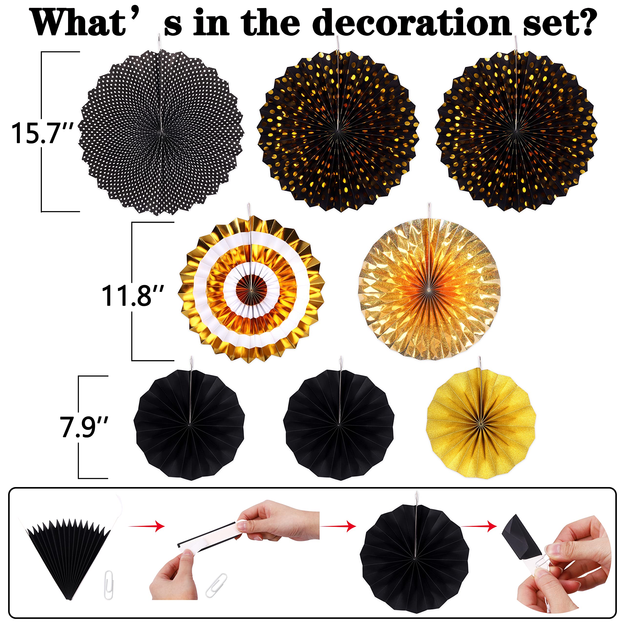 Moon Boat 35PCS Party Decorations Paper Fan Hanging Set - Birthday,Graduation,Baby Shower,Wedding,Retirement,Black and Gold Decor（Black）