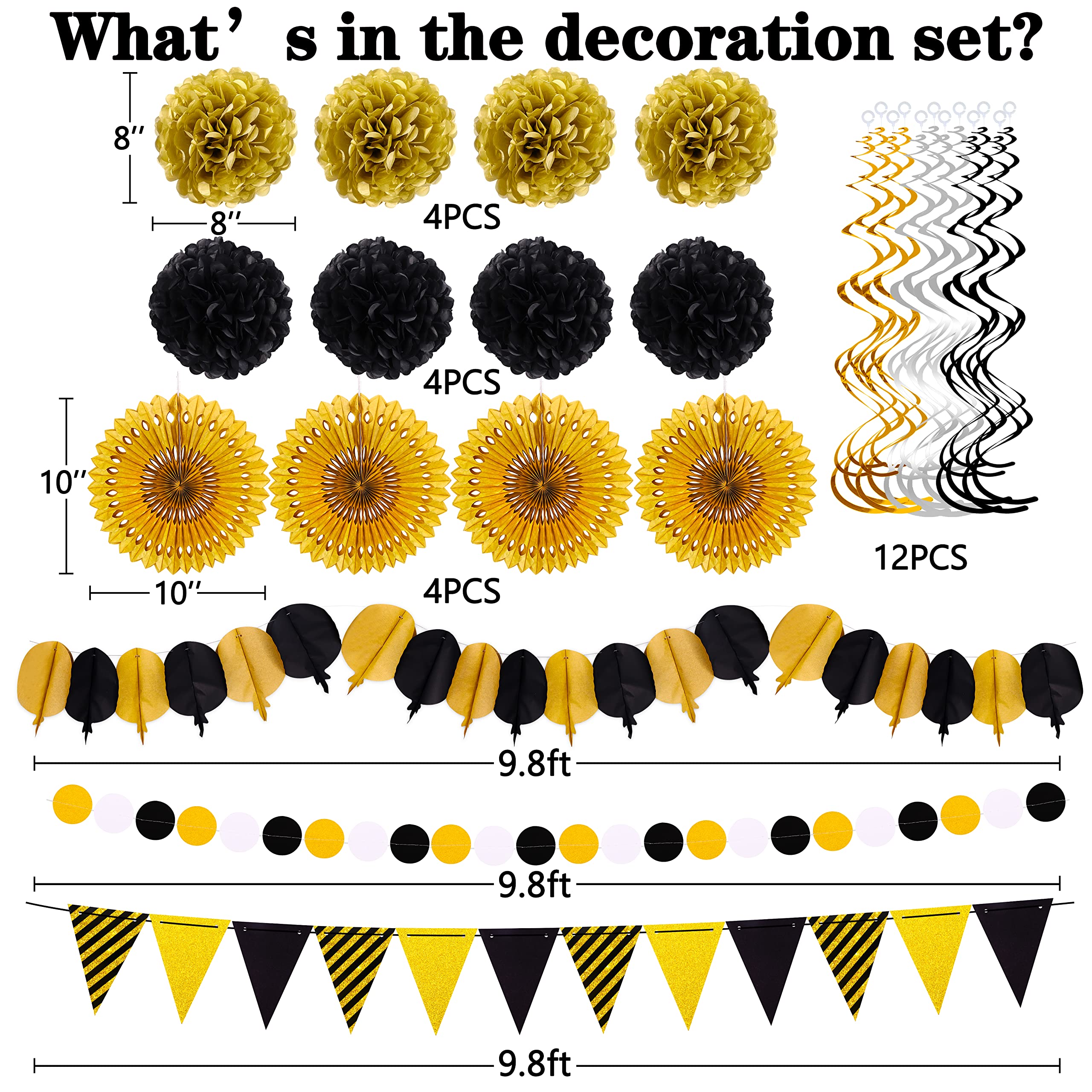 Moon Boat 35PCS Party Decorations Paper Fan Hanging Set - Birthday,Graduation,Baby Shower,Wedding,Retirement,Black and Gold Decor（Black）