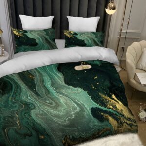 TOPTREE Green Marble Duvet Cover King - Soft Emerald Green Bedding Set with Gold Powder Print Pattern 3piece Forest Green Marble Bed Set for Women Adults (King, Agate Ripple)